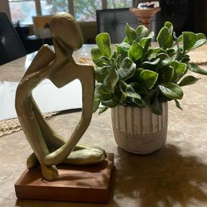 Modern Metal Thinker Statue on Wood Base NWOT